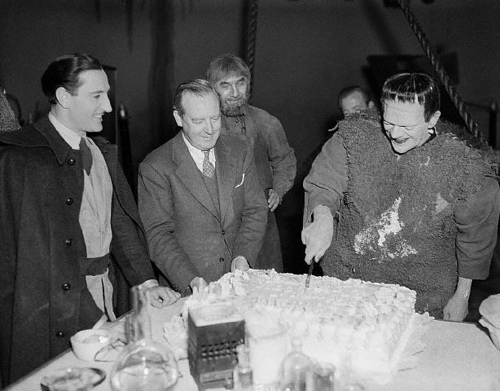 Boris Karloff birthday cake on set of Son Of Frankenstein